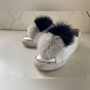 Here/Now Leather Fox Fur Sneakers, Blue and Grey-Size 38 (8)